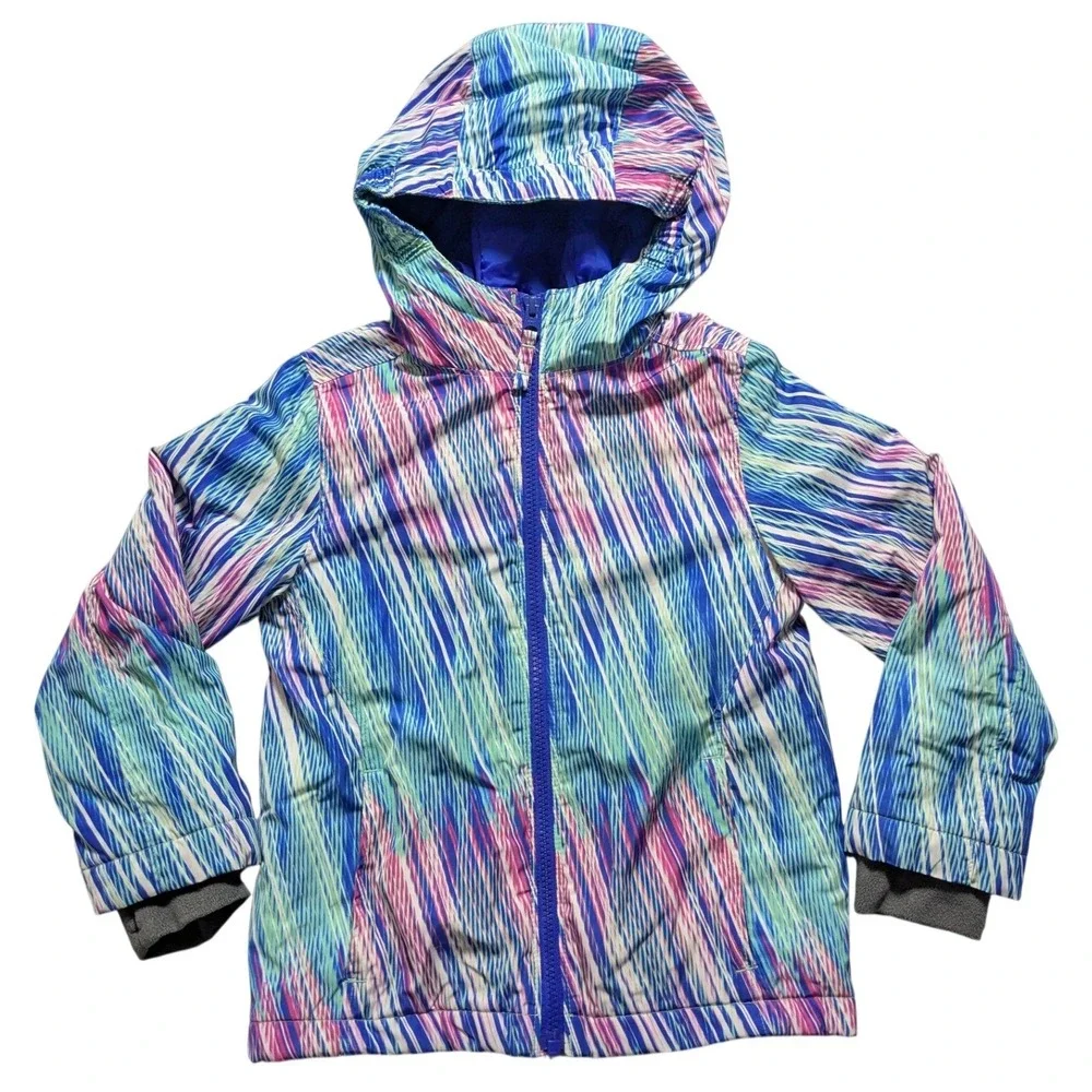 Lands End Kids XS 4-5 Hooded Puffer Jacket Blue Pink Green Abstract Stripe EUC